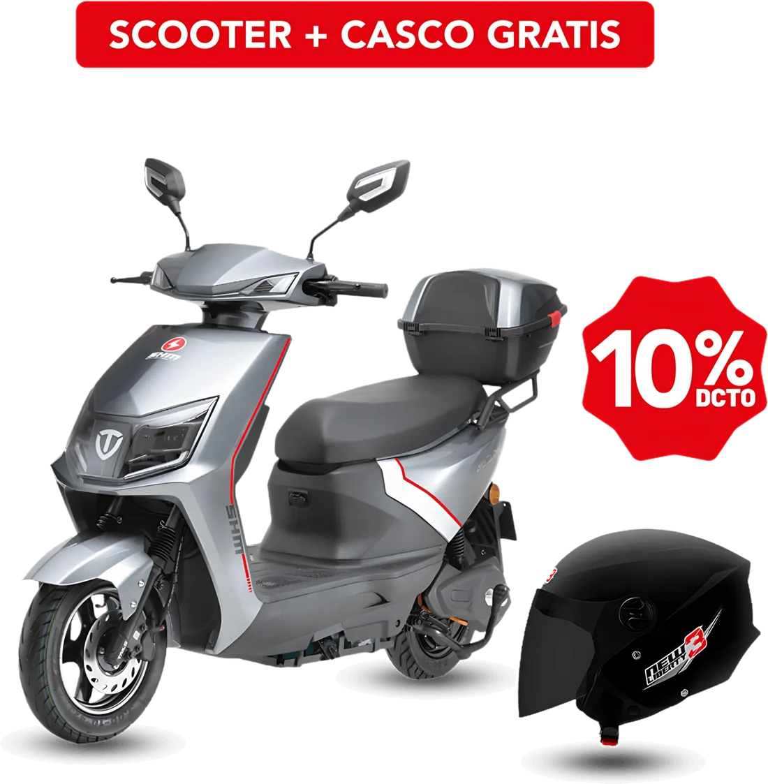 Combo scooter Electrico Shm Avatar 1200 P88640 color Plomo-rojo | 1200W + Casco Pro Tork Abierto New Liberty 3| Talla M Color Negro, vista lateral