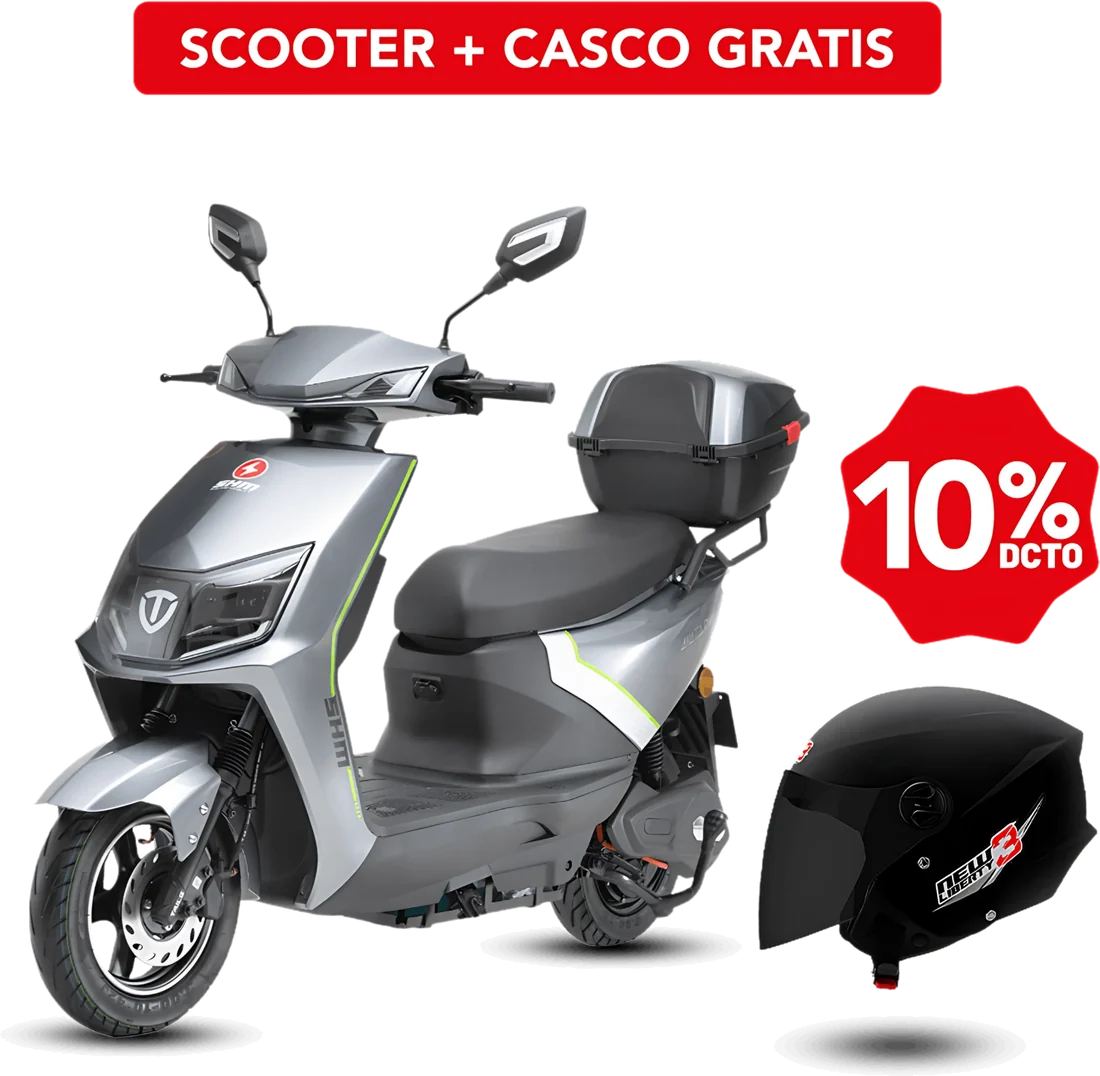 Combo scooter Electrico Shm Avatar 1200 P88640 color plomo-verde| 1200W + Casco Pro Tork Abierto New Liberty 3| Talla M Color Negro, vista lateral